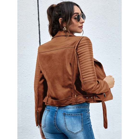 Lapel Collar Belted Zip Up vegan leather Moto Jacket black - Picture 5 of 11